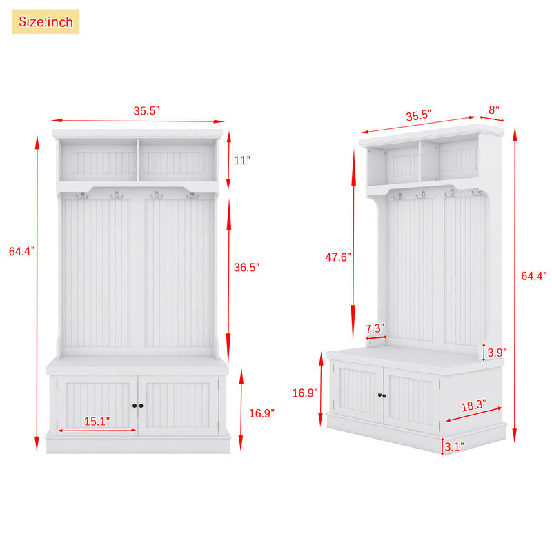 Front view of the modern entryway bench with shelves and coat hooks, showcasing its sleek design and functionality.