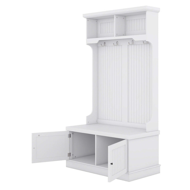 Front view of the modern entryway bench with shelves and coat hooks, showcasing its sleek design and functionality.