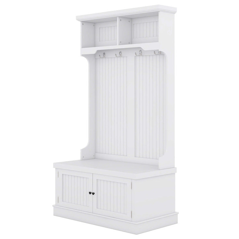 Side view of the entryway bench, demonstrating its ample seating space and stylish appearance in a home setting.