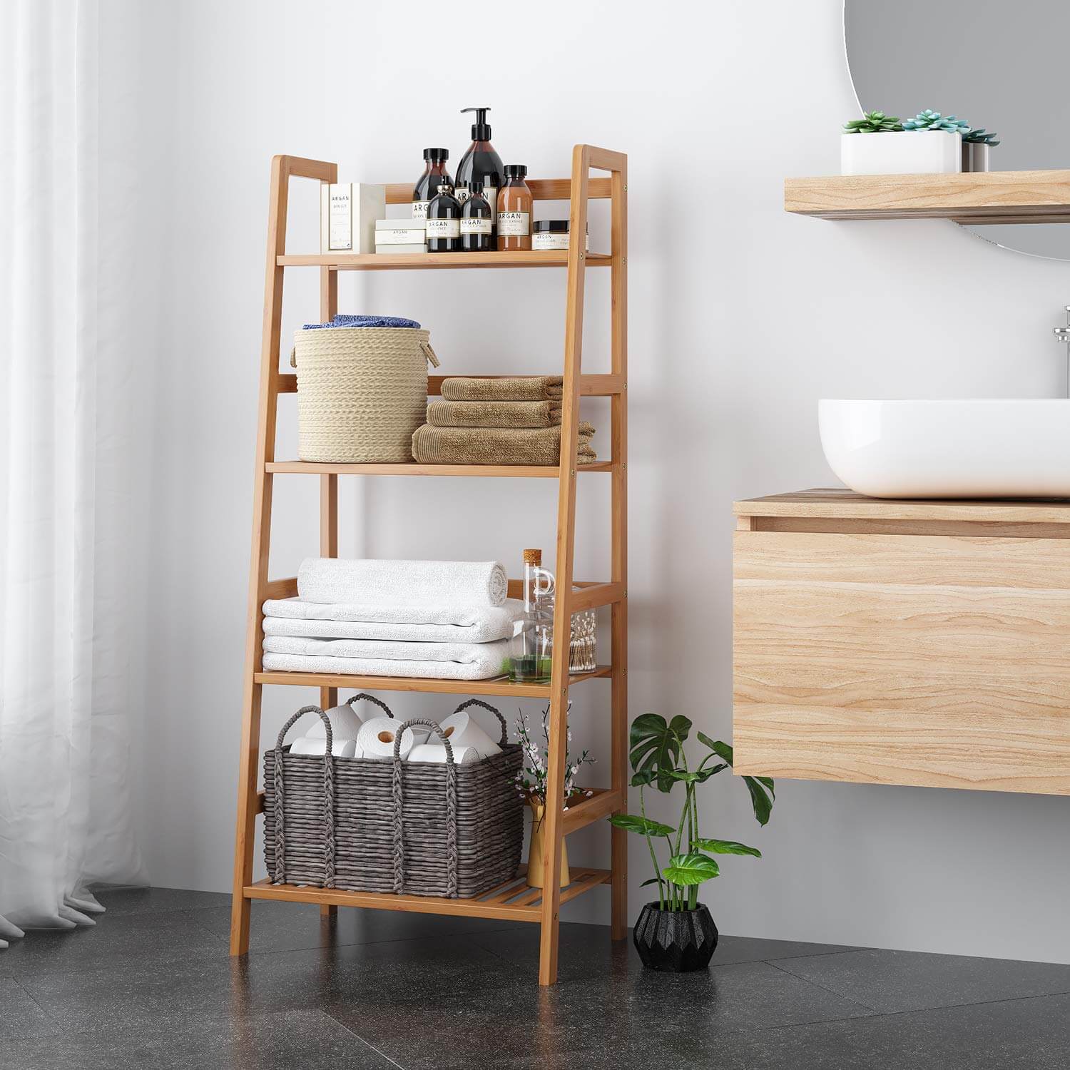 Elegant bamboo ladder shelf showcasing books and plants in a cozy living room setting.