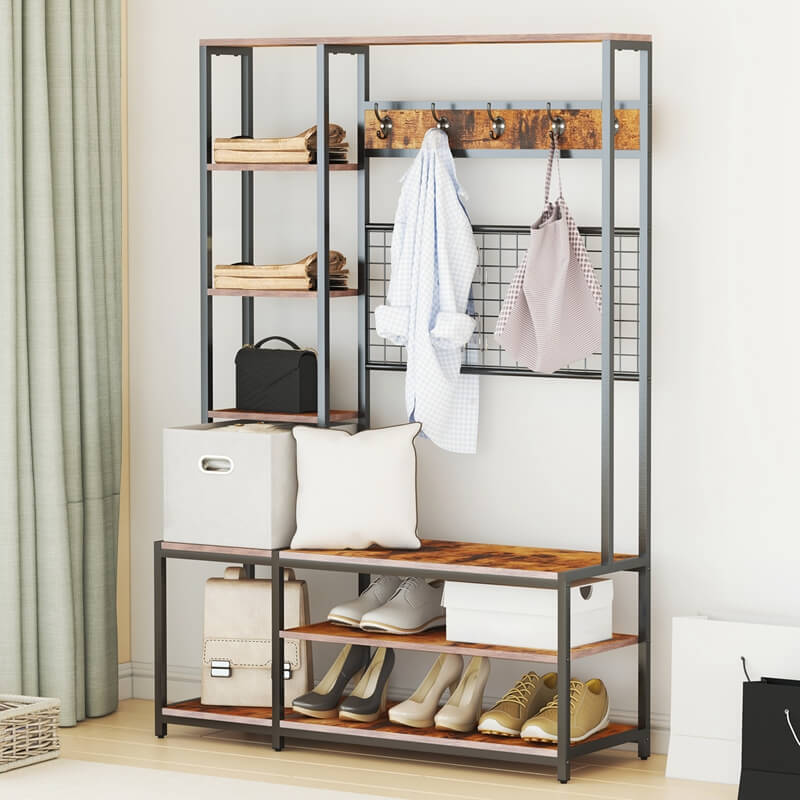 4-in-1 hall tree featuring a coat rack and shoe storage in a modern entryway setting.