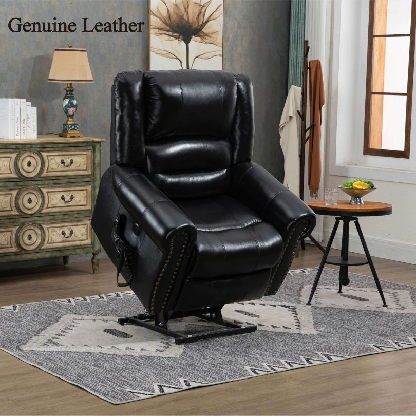 Close-up of the power remote control for the Ultra Comfort Dual Motor Power Lift Recliner with heat and massage features.