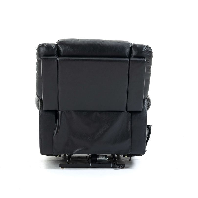 Comfortable seating area of the Ultra Comfort Dual Motor Power Lift Recliner in Black Leather, highlighting the USB ports and side pockets.
