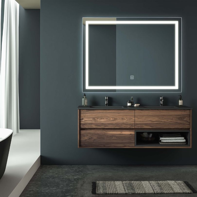 Front view of the large silver bathroom mirror with LED light and anti fog feature.