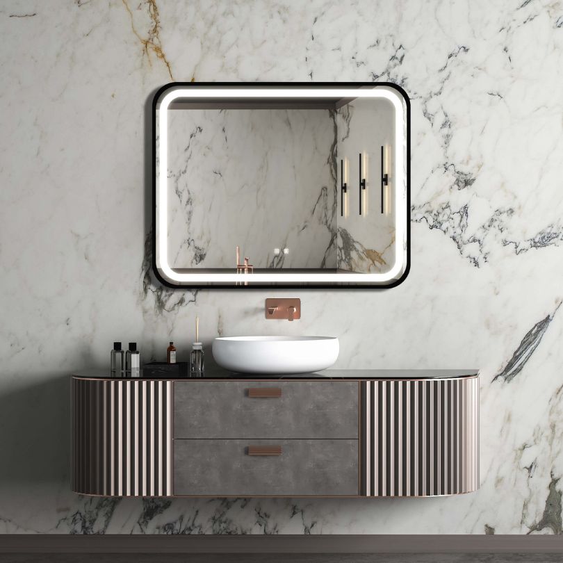 Front view of the 40-inch lighted bathroom mirror showcasing its black frame and anti-fog feature.
