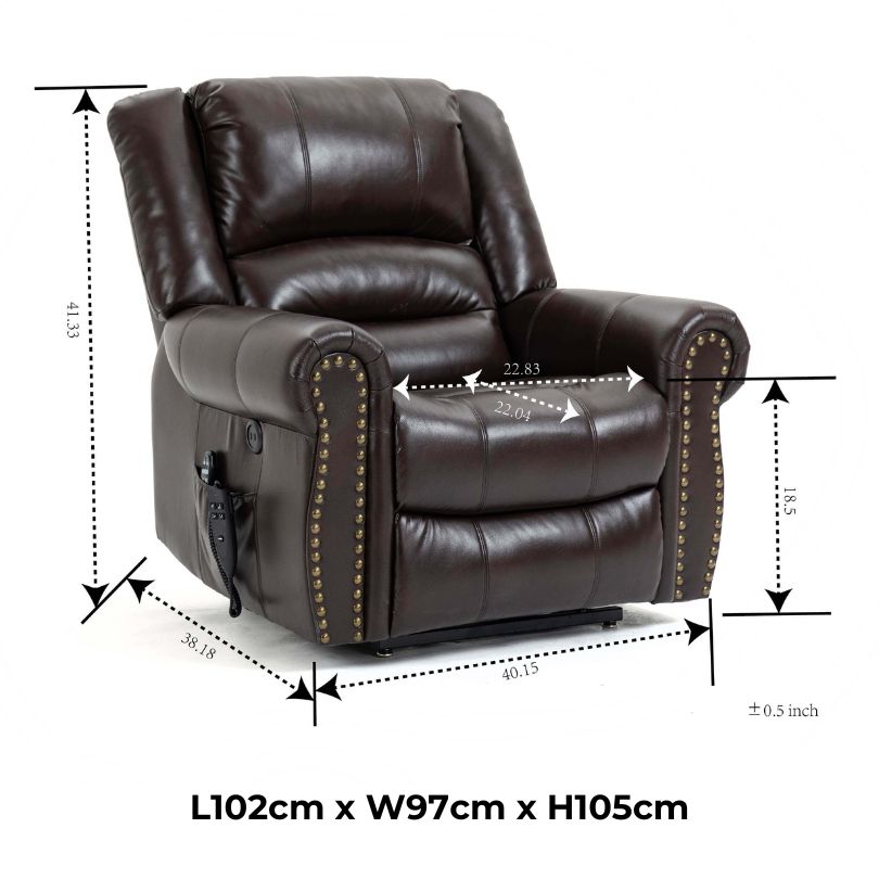 Side view of the luxurious power lift recliner chair showcasing its sleek design and faux leather finish.