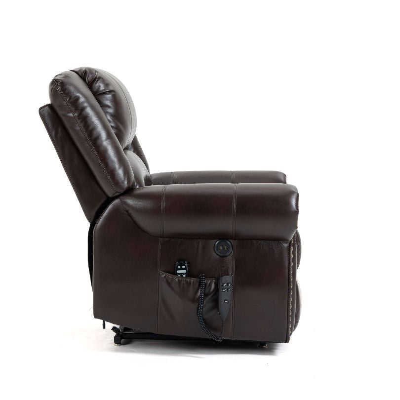 Side view of the luxurious power lift recliner chair showcasing its sleek design and faux leather finish.