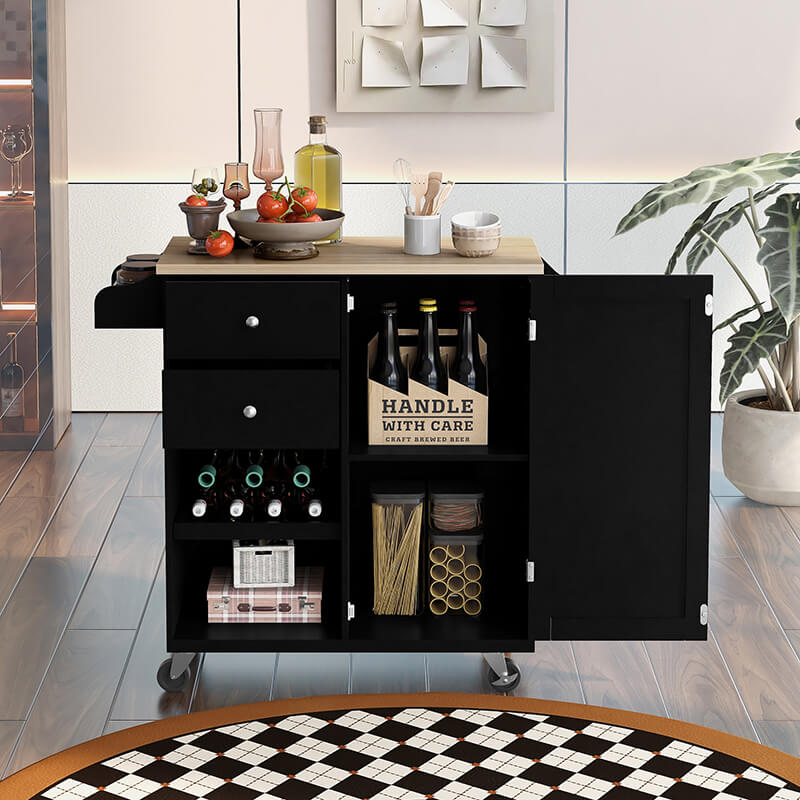 Modern black kitchen cart with spice rack and towel holder in a contemporary kitchen setting.