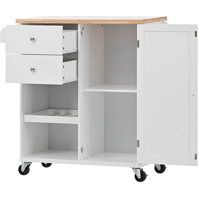 Close-up of kitchen island drawers and spice rack, emphasizing organization and modern design.