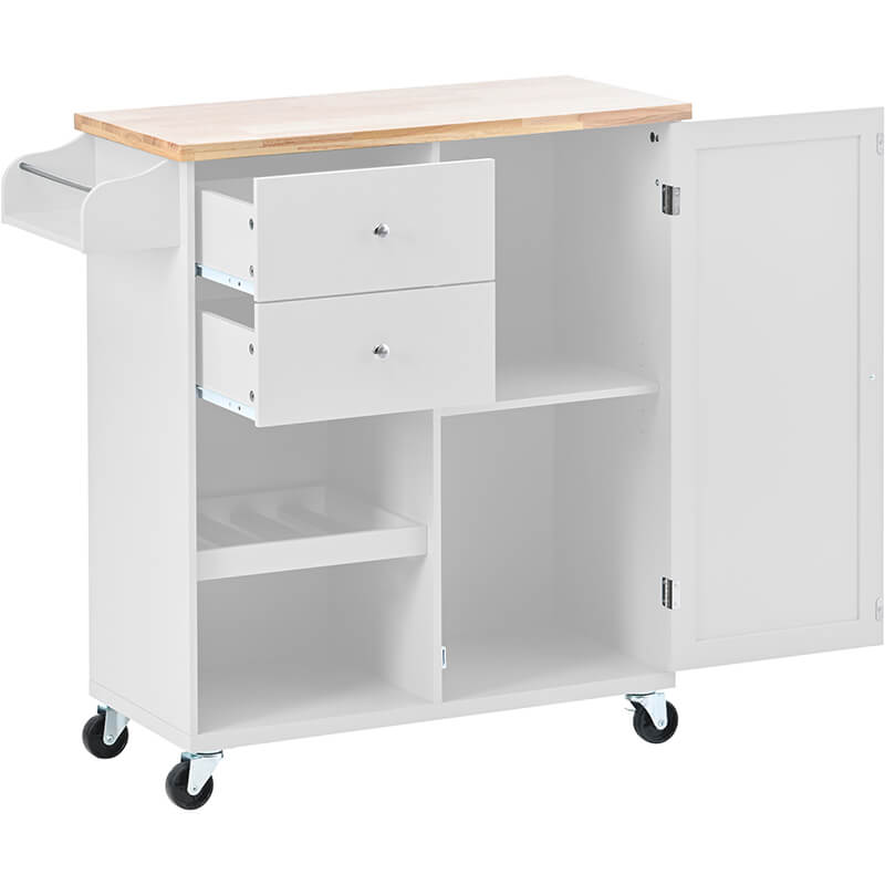Affordable kitchen cart with wheels in a bright kitchen setting, highlighting its storage features.
