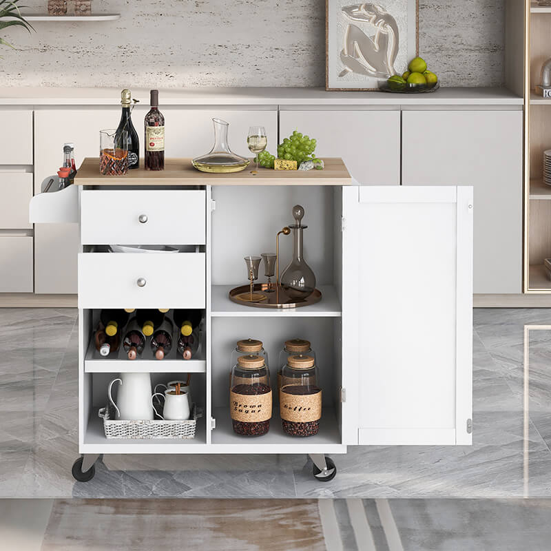 Stylish kitchen island cart with spice rack and towels, showing the front view.