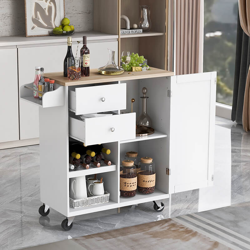 Close-up of kitchen island drawers and spice rack, emphasizing organization and modern design.