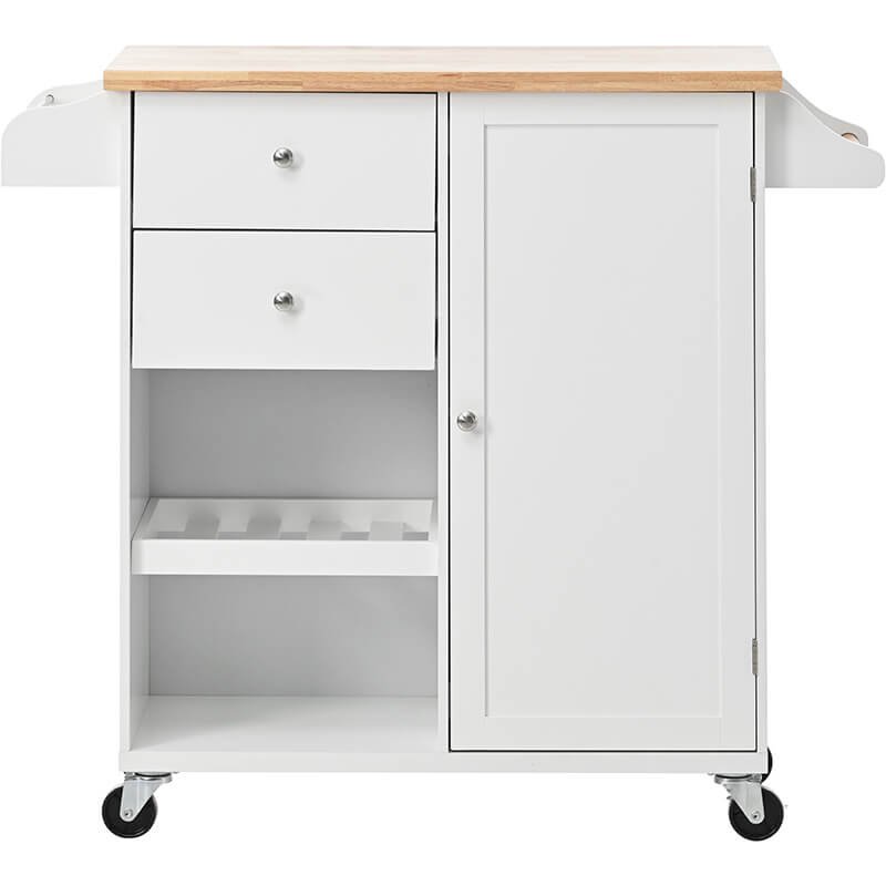 Stylish kitchen island cart with spice rack and towels, showing the front view.