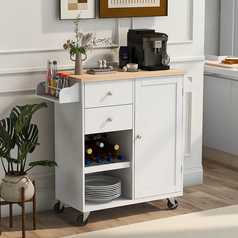Affordable kitchen cart with wheels in a bright kitchen setting, highlighting its storage features.