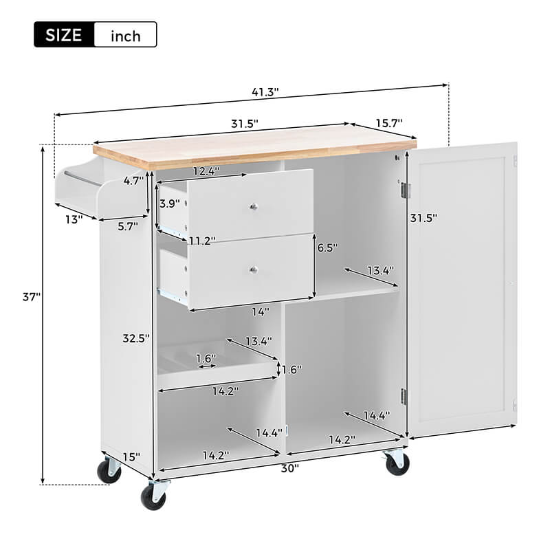 Stylish kitchen island cart with spice rack and towels, showing the front view.
