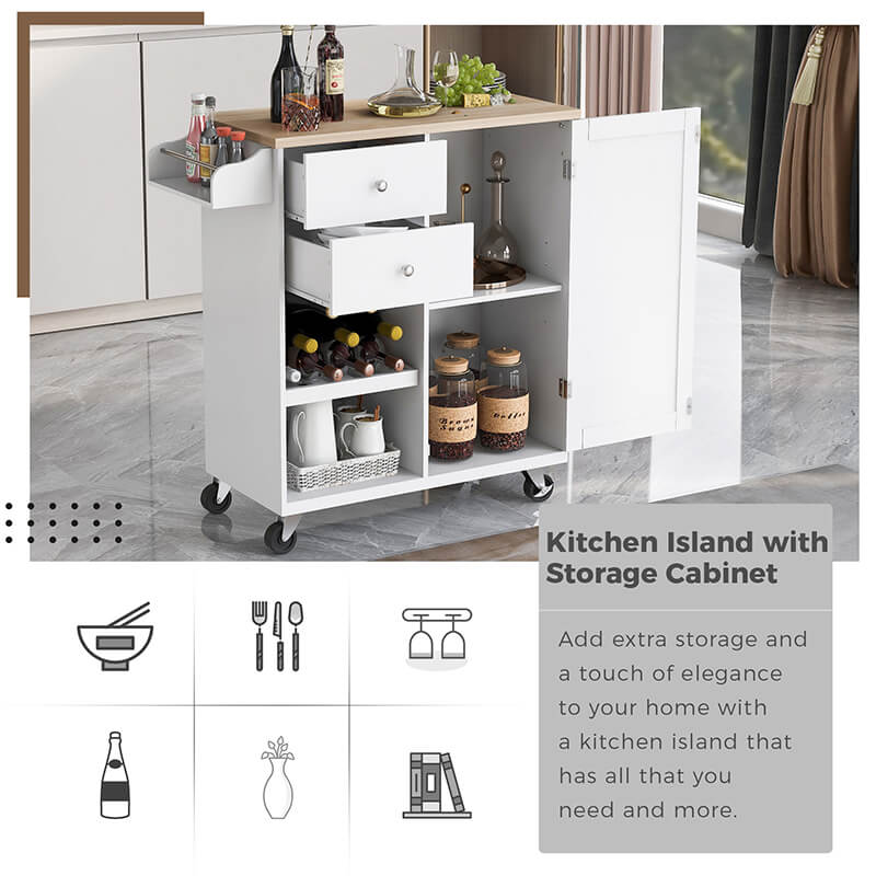 Stylish kitchen island cart with spice rack and towels, showing the front view.