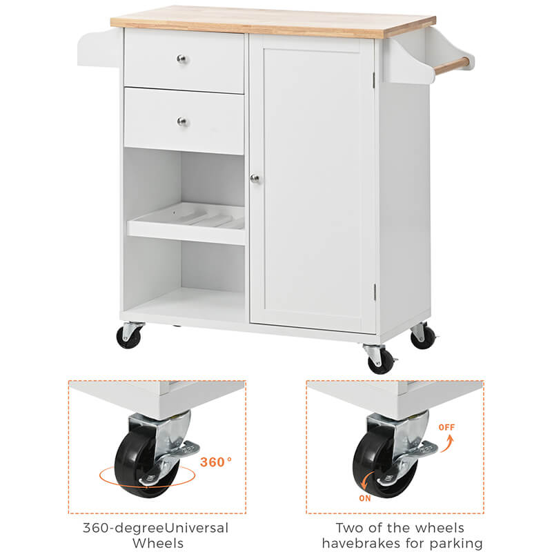 Affordable kitchen cart with wheels in a bright kitchen setting, highlighting its storage features.