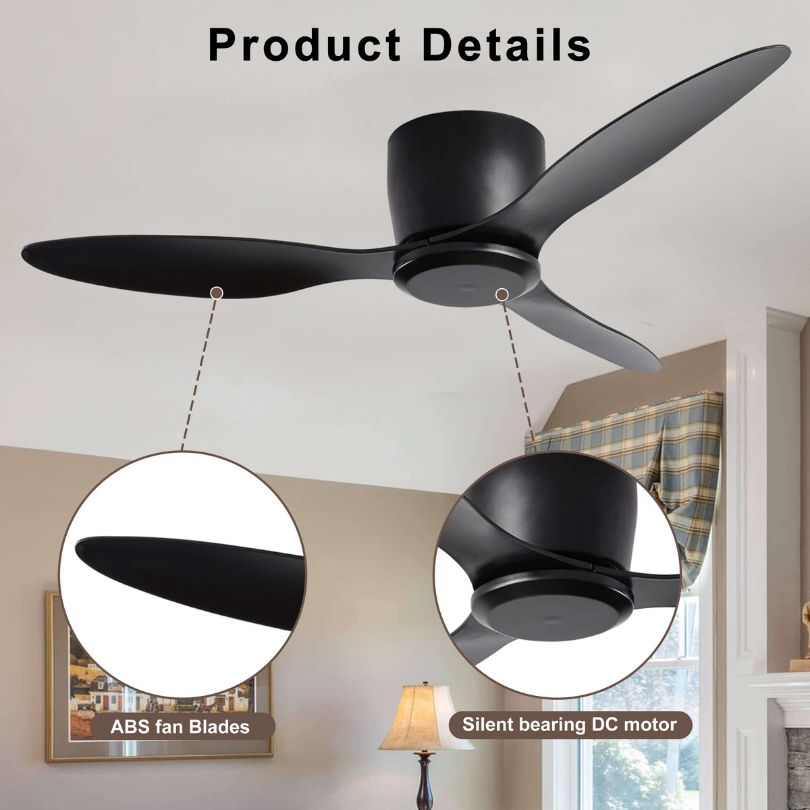 Low-profile ceiling fan in a stylish living room, demonstrating energy efficiency and airflow.