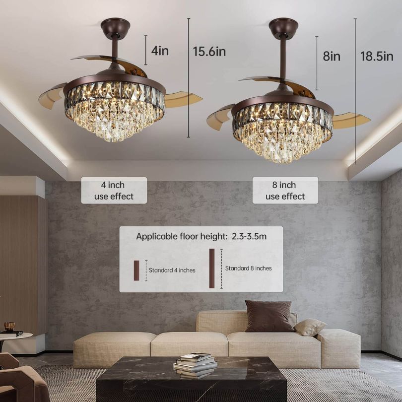 Close-up of the modern chandelier fans remote control and retractable blades.