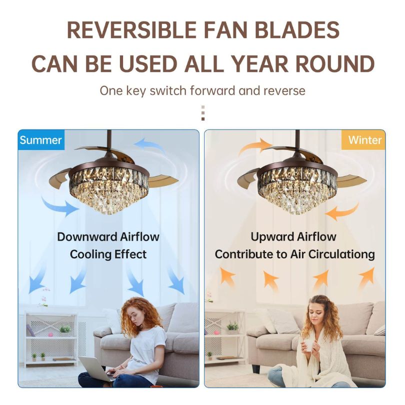 Luxury chandelier ceiling fan showcasing elegant crystals and brown finish from a side angle.