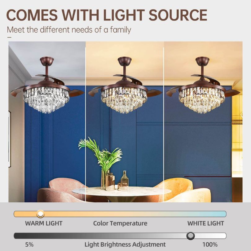 Living room featuring the 42-inch chandelier ceiling fan with ambient lighting.