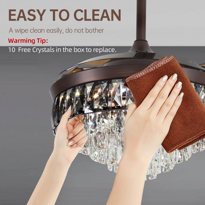 Close-up of the modern chandelier fans remote control and retractable blades.