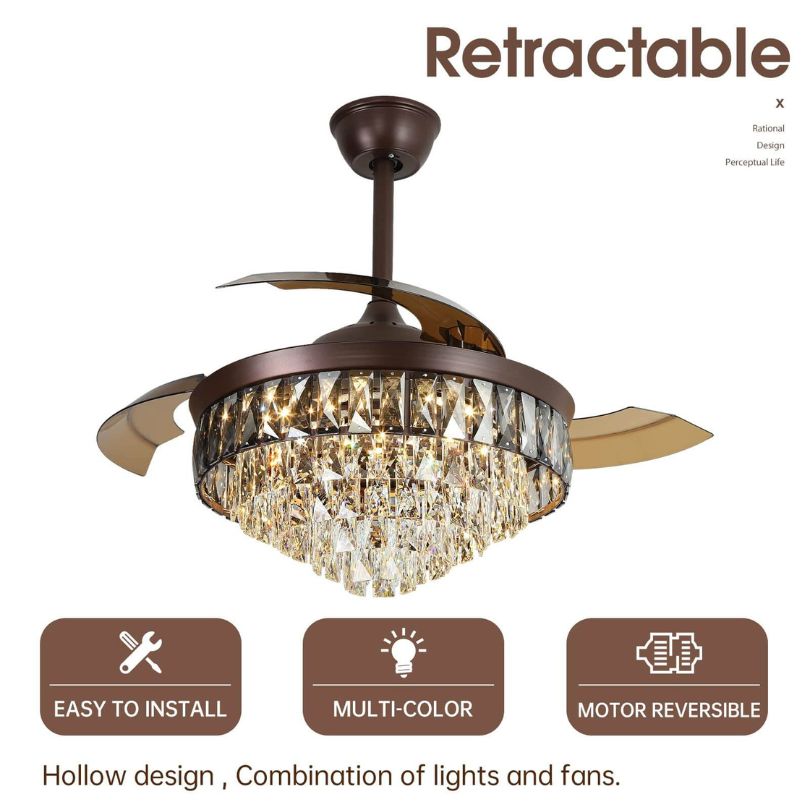 Luxury chandelier ceiling fan showcasing elegant crystals and brown finish from a side angle.