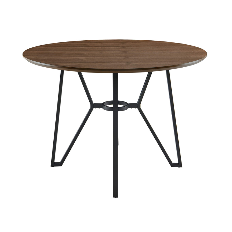 Close-up of the round walnut table showcasing the rich wood grain and sturdy metal support.