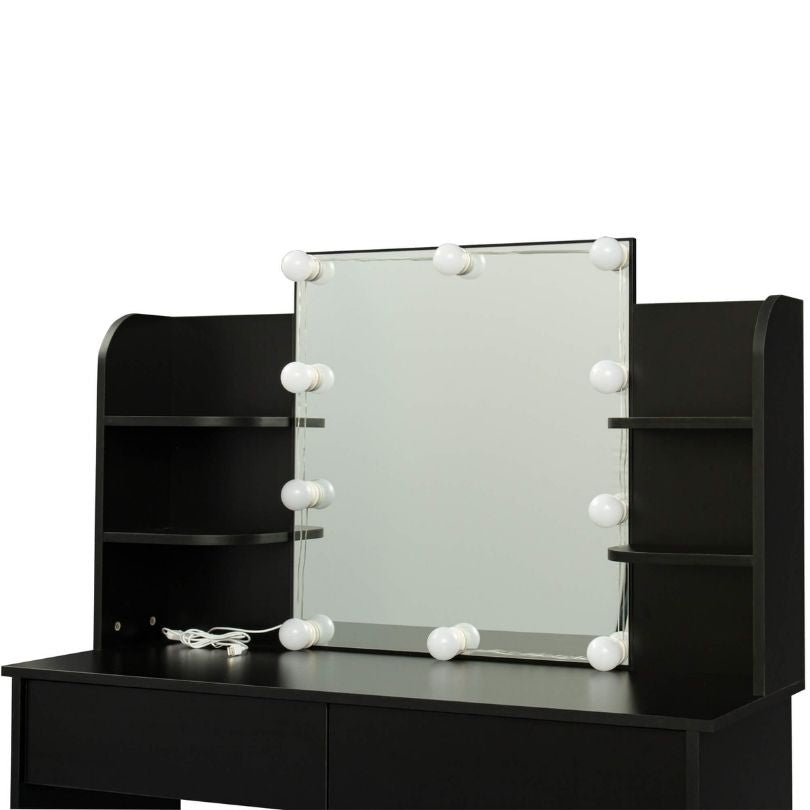 Close-up of the LED vanity mirror illuminating the stylish dressing table
