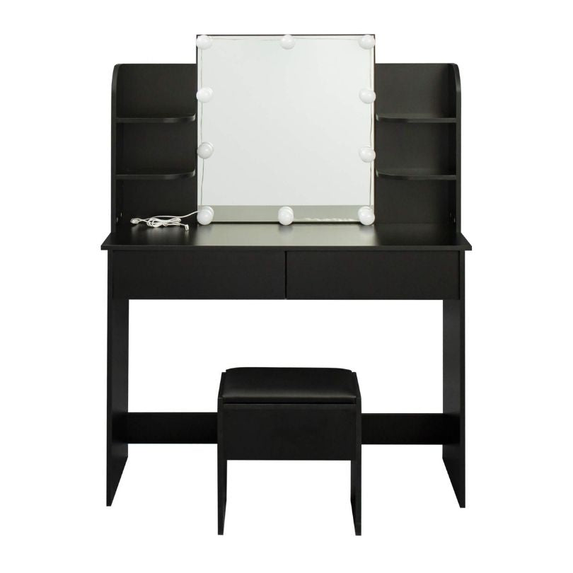 Front view of the sleek 42" black makeup vanity with 10-lamp bulb and two drawers
