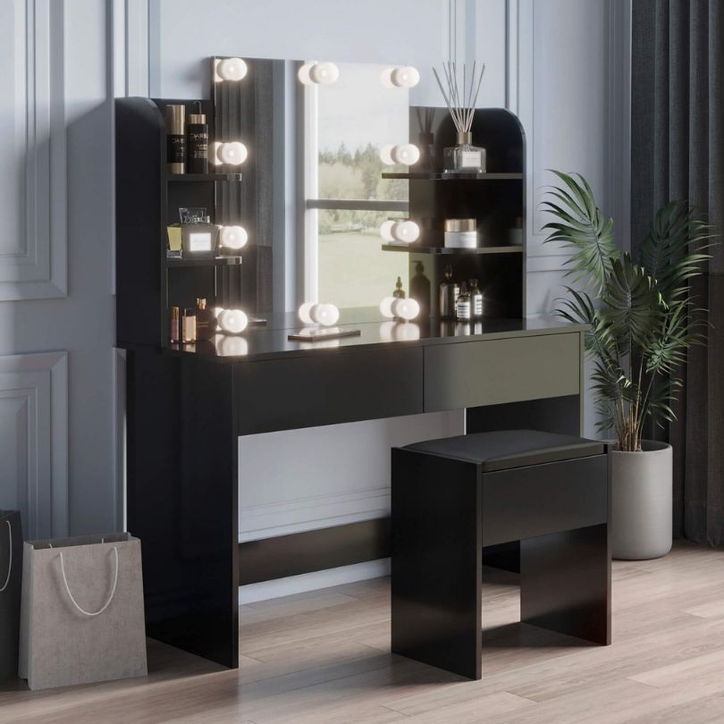 Close-up of the LED vanity mirror illuminating the stylish dressing table