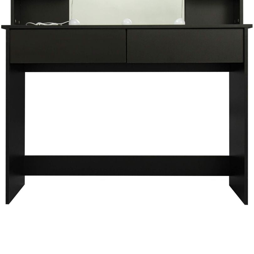 Front view of the sleek 42" black makeup vanity with 10-lamp bulb and two drawers