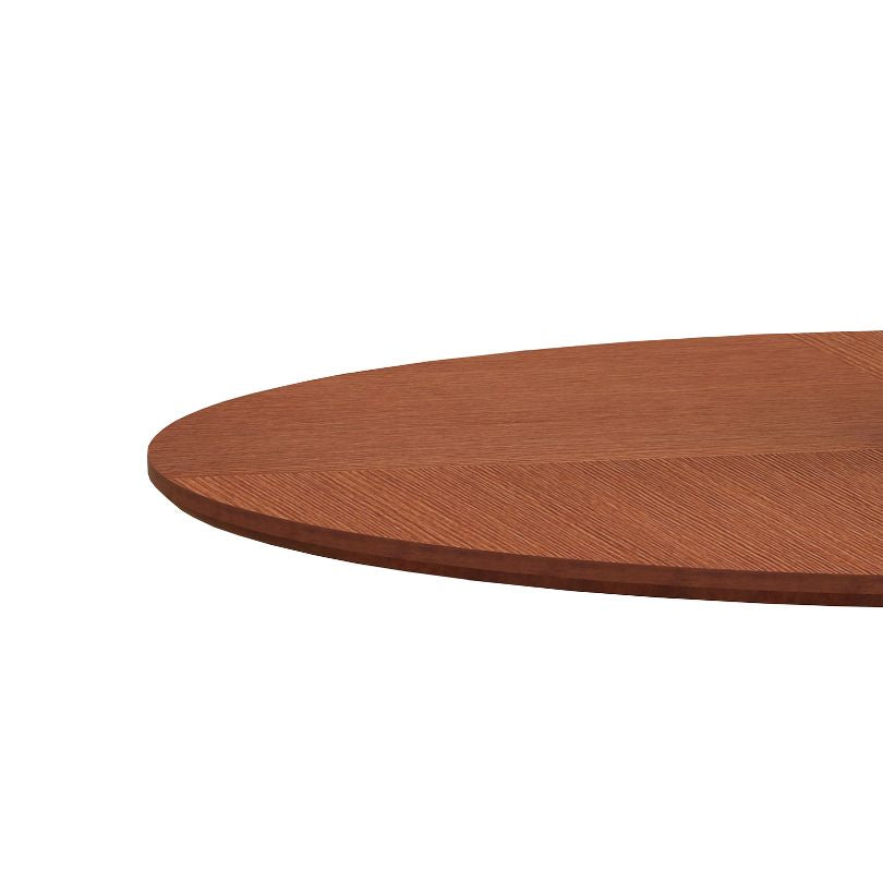 Elegant round oak dining table showcasing smooth tabletop and sturdy black legs.