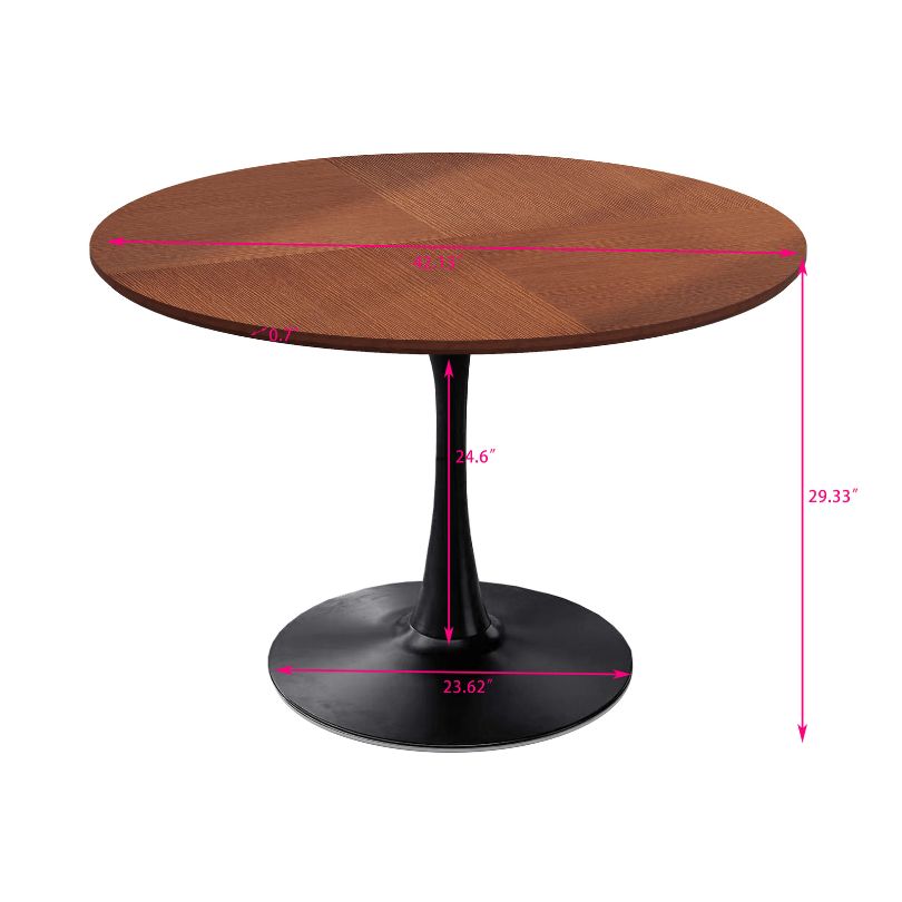 Elegant round oak dining table showcasing smooth tabletop and sturdy black legs.