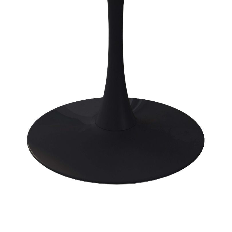 Elegant round oak dining table showcasing smooth tabletop and sturdy black legs.