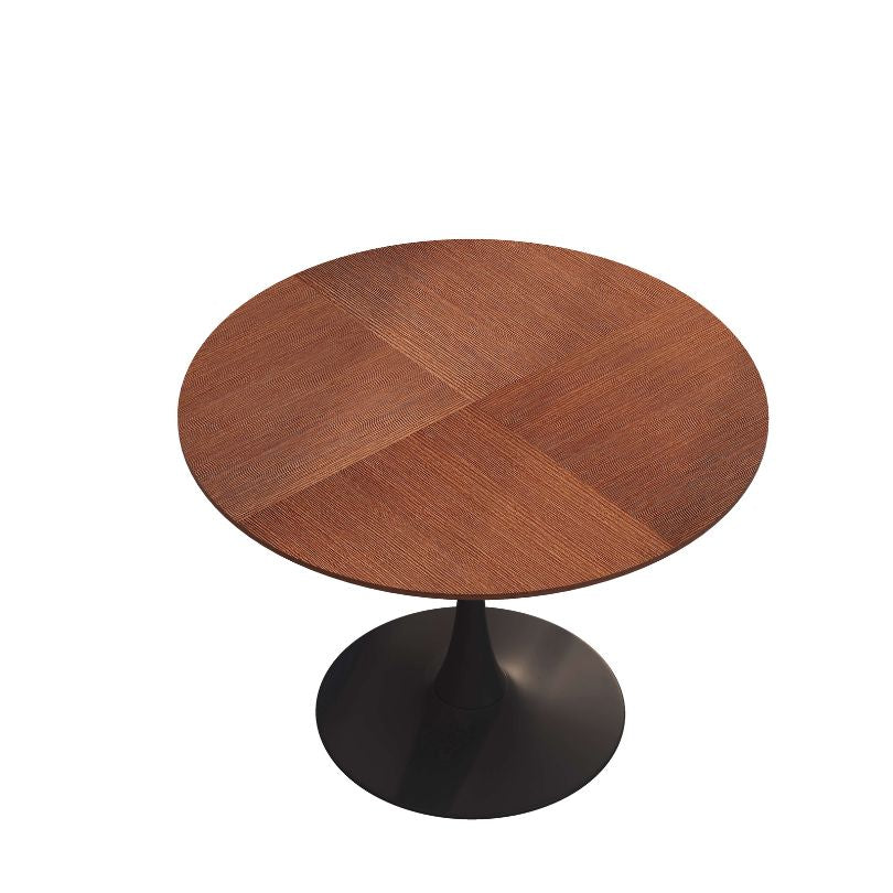 Close-up of the oak tables finish and metal legs, highlighting modern design.