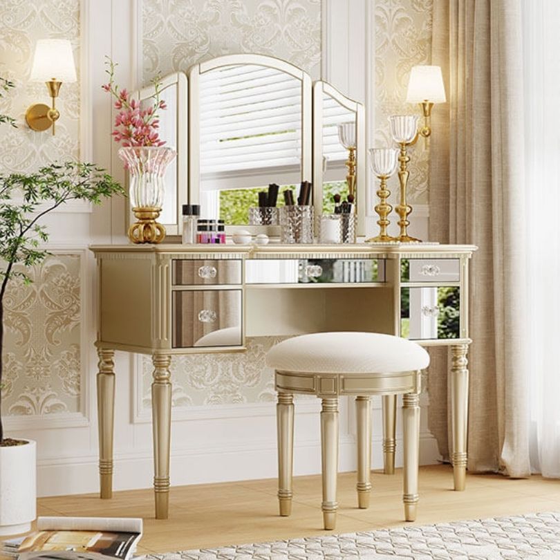 Elegant Gold Tri-Fold Mirror Makeup Vanity Table - Image 2