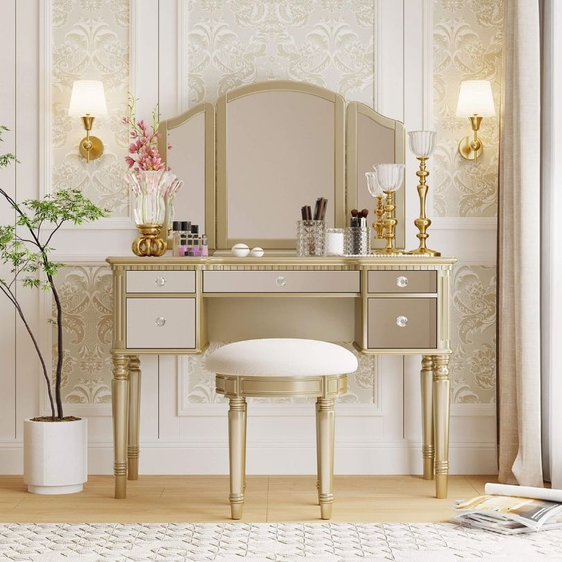 Elegant Gold Tri-Fold Mirror Makeup Vanity Table - Image 3