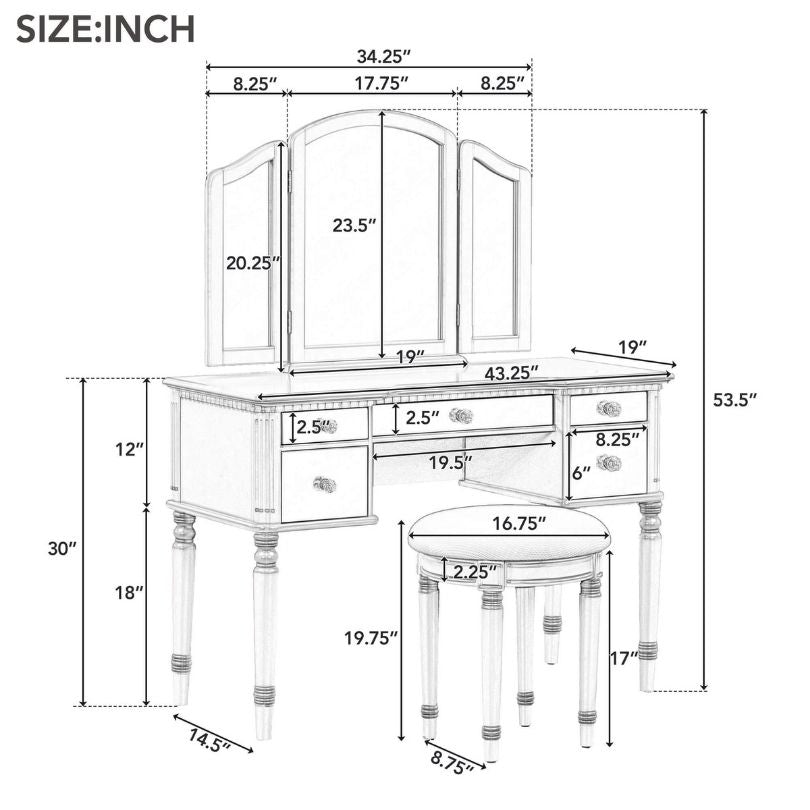 Elegant Gold Tri-Fold Mirror Makeup Vanity Table - Image 5
