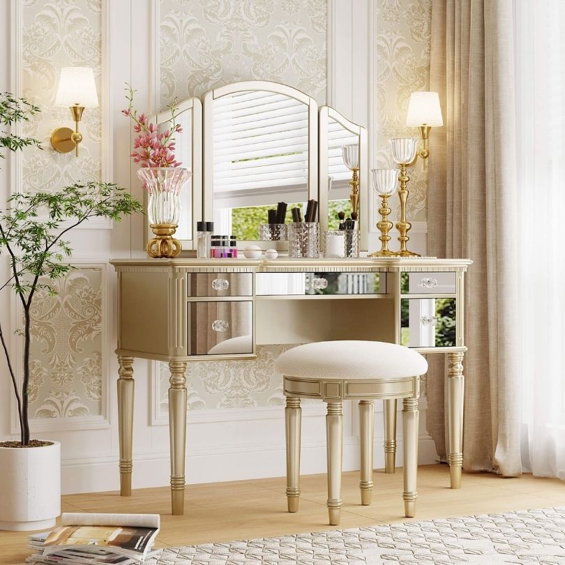 Elegant Gold Tri-Fold Mirror Makeup Vanity Table - Image 4