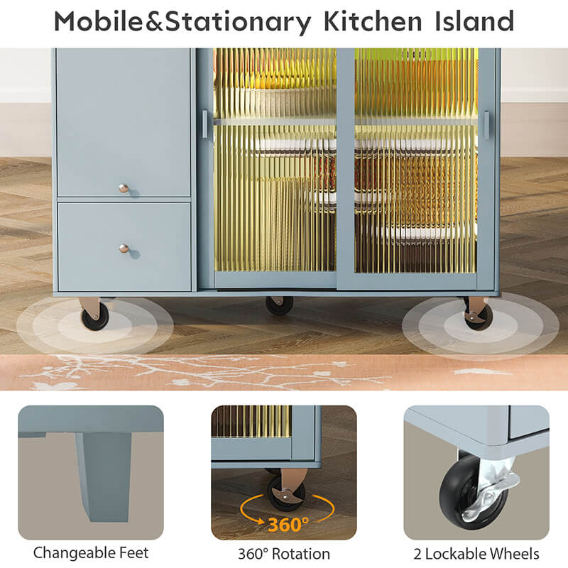 Side angle of the modern kitchen island cart highlighting its flip cabinet door.