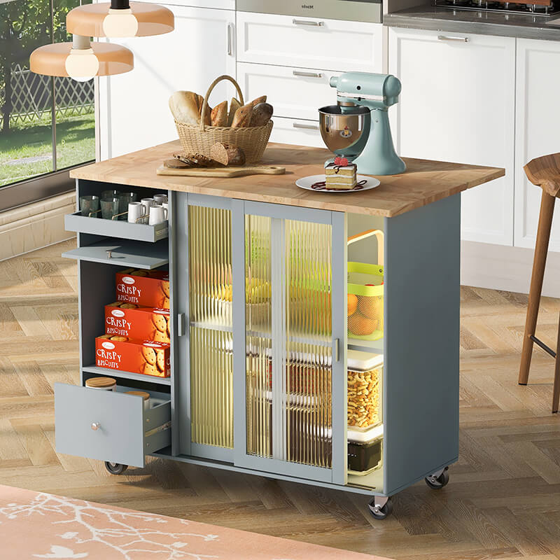 Side angle of the modern kitchen island cart highlighting its flip cabinet door.
