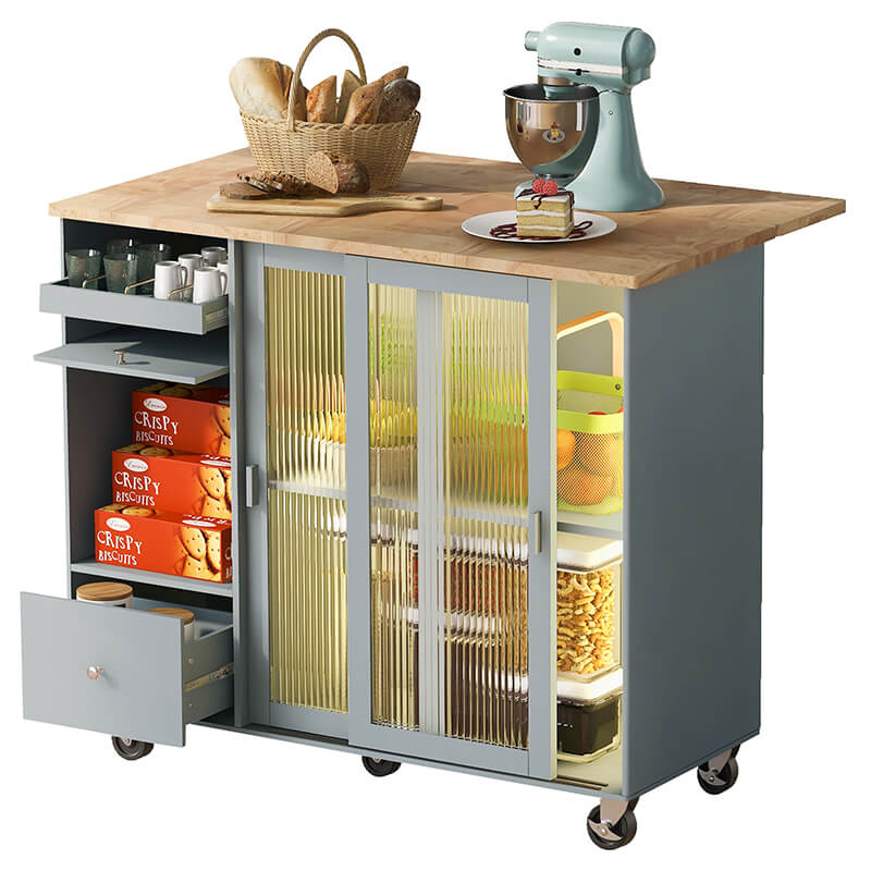 Front view of the grey blue kitchen island cart showcasing LED light and fluted glass doors.