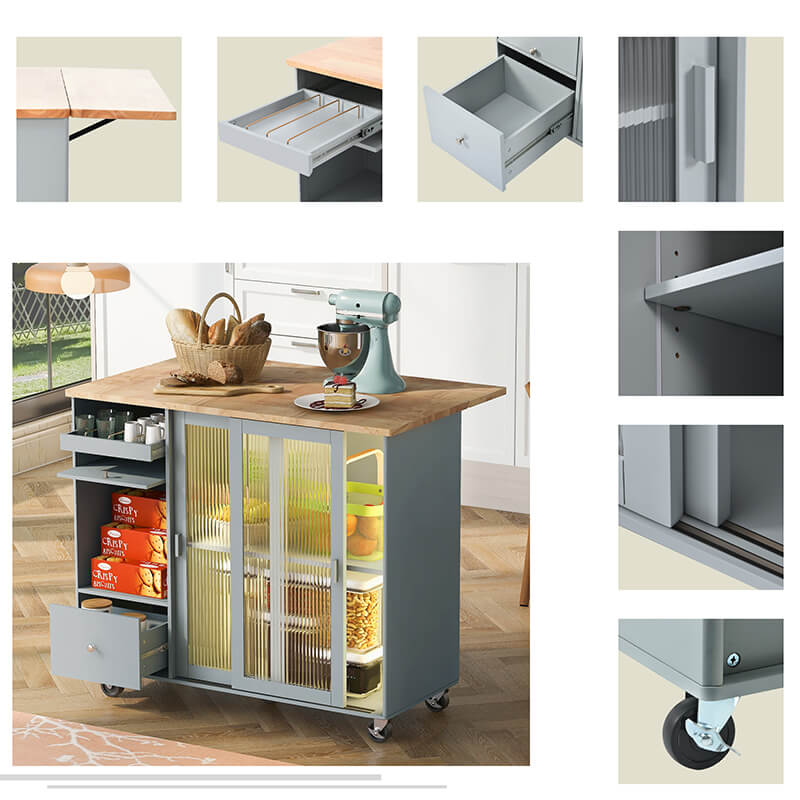 Front view of the grey blue kitchen island cart showcasing LED light and fluted glass doors.