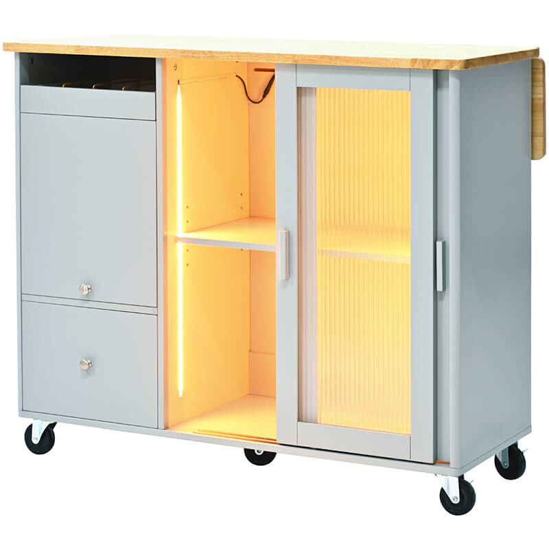 Front view of the grey blue kitchen island cart showcasing LED light and fluted glass doors.