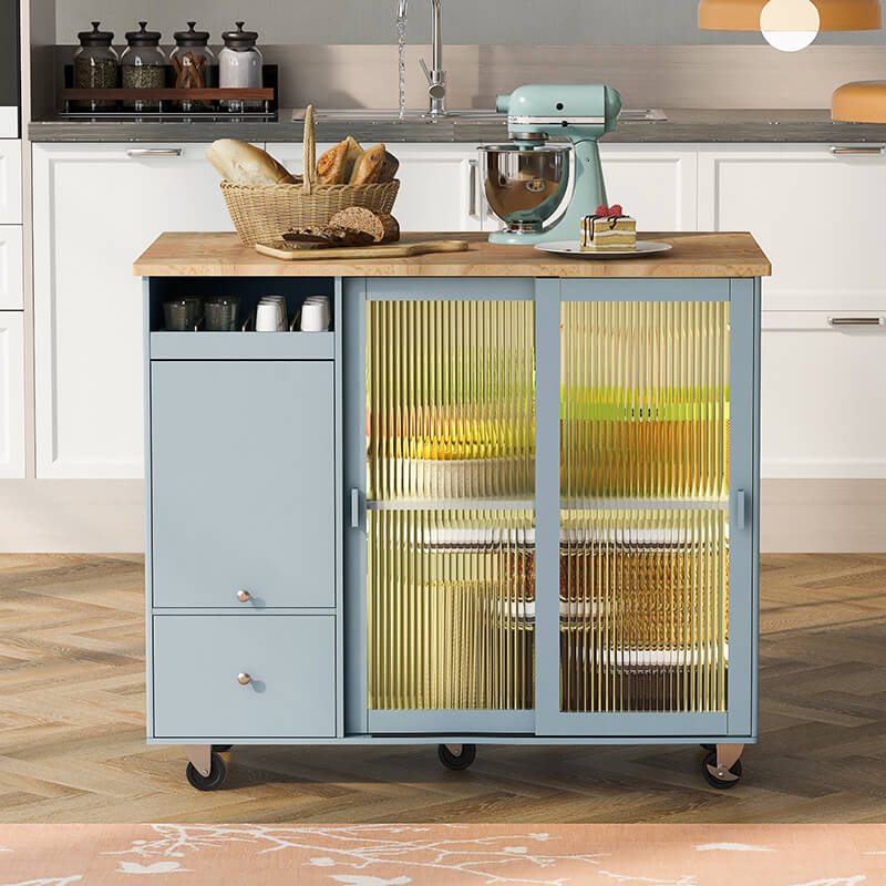 Front view of the grey blue kitchen island cart showcasing LED light and fluted glass doors.
