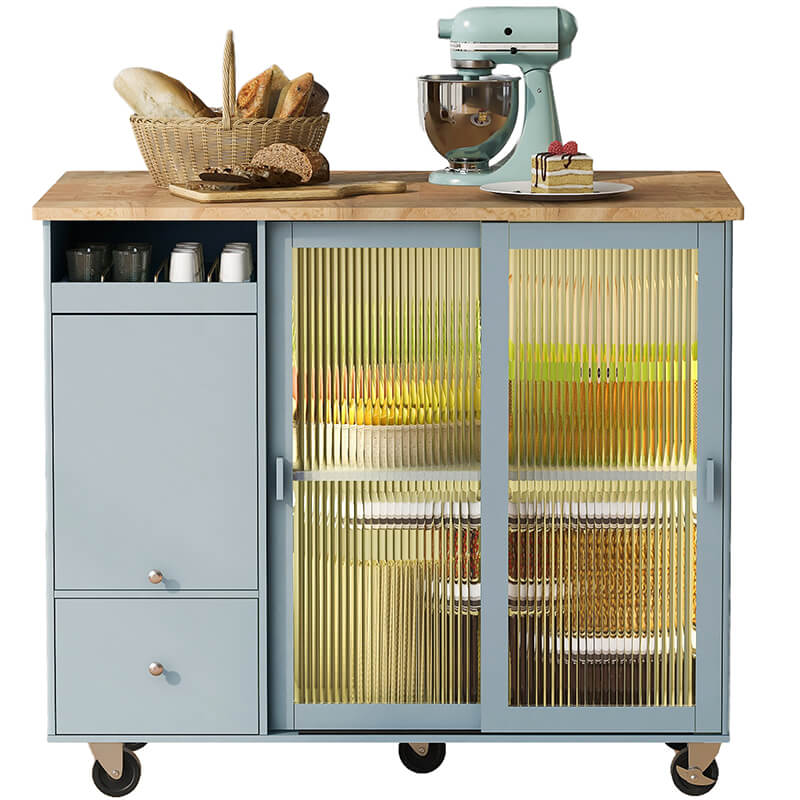 Close-up of the LED lighting feature on the grey blue kitchen island cart.