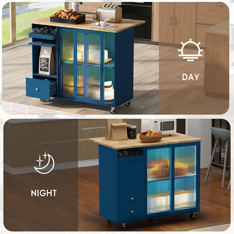 Navy Blue Modern Kitchen Island Cart with LED Lighting - Image 4