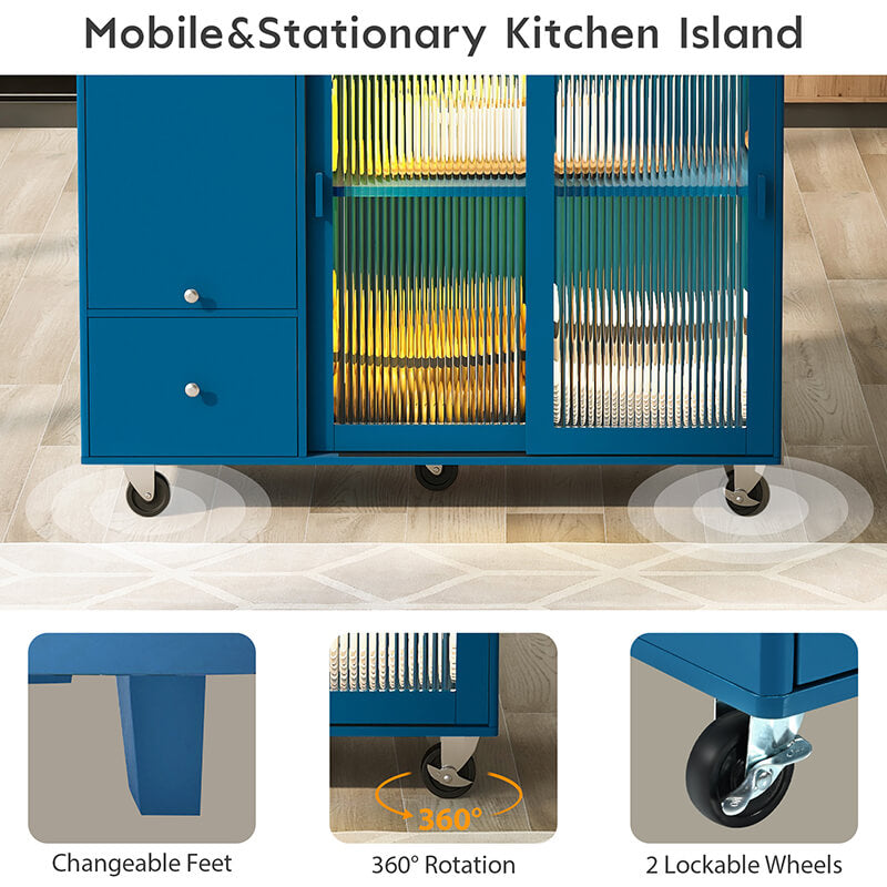 Navy Blue Modern Kitchen Island Cart with LED Lighting - Image 3