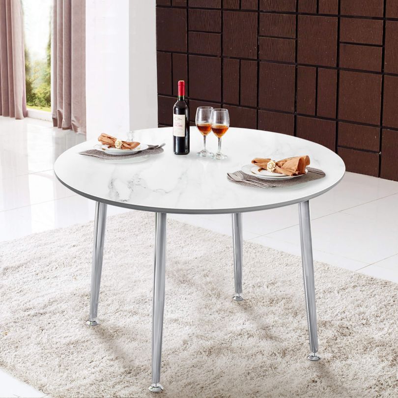 Side view showcasing the chrome-plated legs of the dining table.